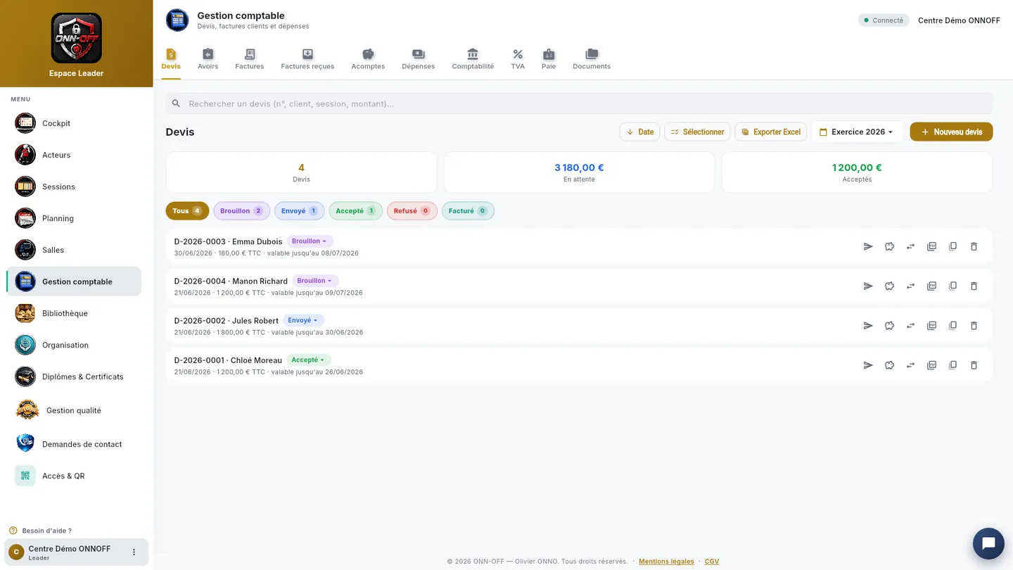 Devis et facturation dans l’application ONN-OFF