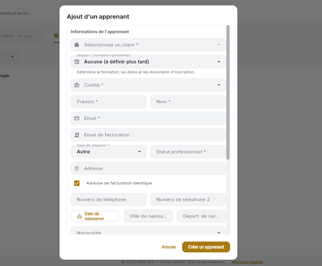 Inscription apprenant